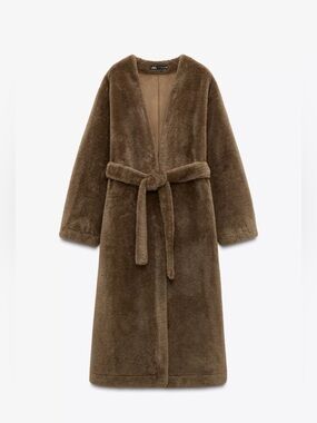 ZARA ZW COLLECTION Faux-Fur Long Winter Coat with Tie Belt Sz M SO WARM and LUX!